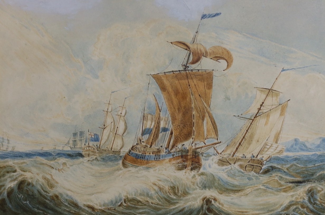George Perfect Harding (1780-1853) , watercolour, Shipping off the coast, signed and dated 1829, 9 x 13cm and a watercolour sketch 'Along The Thames', 10 x 17cm